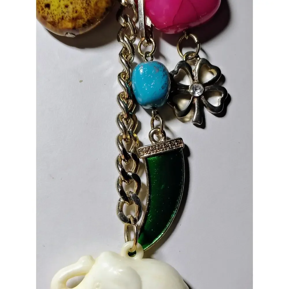VCLM Gold Tone Charm Necklace Elephant Clover Horseshoe Boho Statement